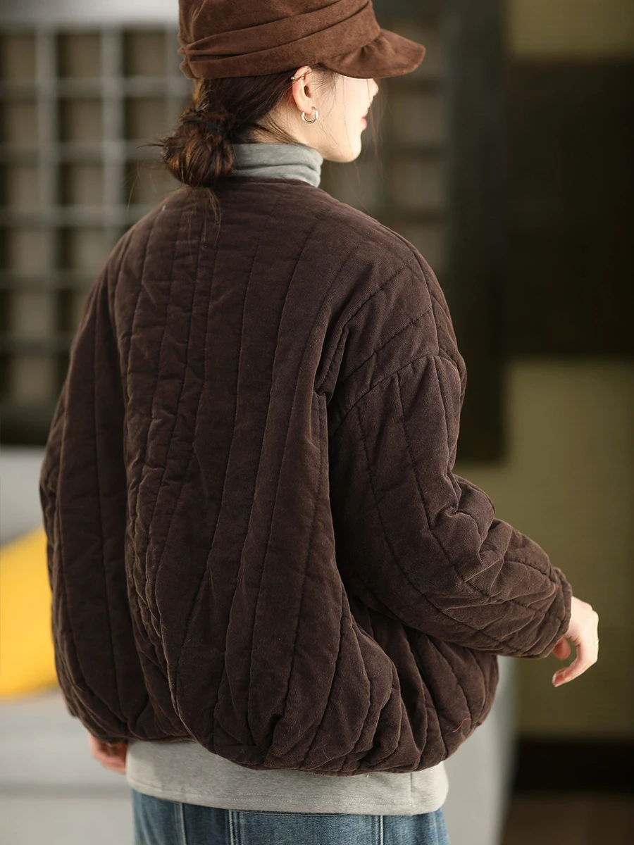 100% хлопок, женские повседневные стеганые пальто, новинка 2025 года, зима, винтажный стиль, с круглым вырезом, однотонные свободные женские толстые теплые куртки M2099