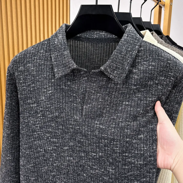 Herren-Polohemd mit Reverskragen, langärmelig, aus strukturiertem, geripptem Stoff, mit halber Knopfleiste, schmal geschnitten, weiches Strickoberteil, für den Alltag, lässige Herrenoberteile – Detail 5