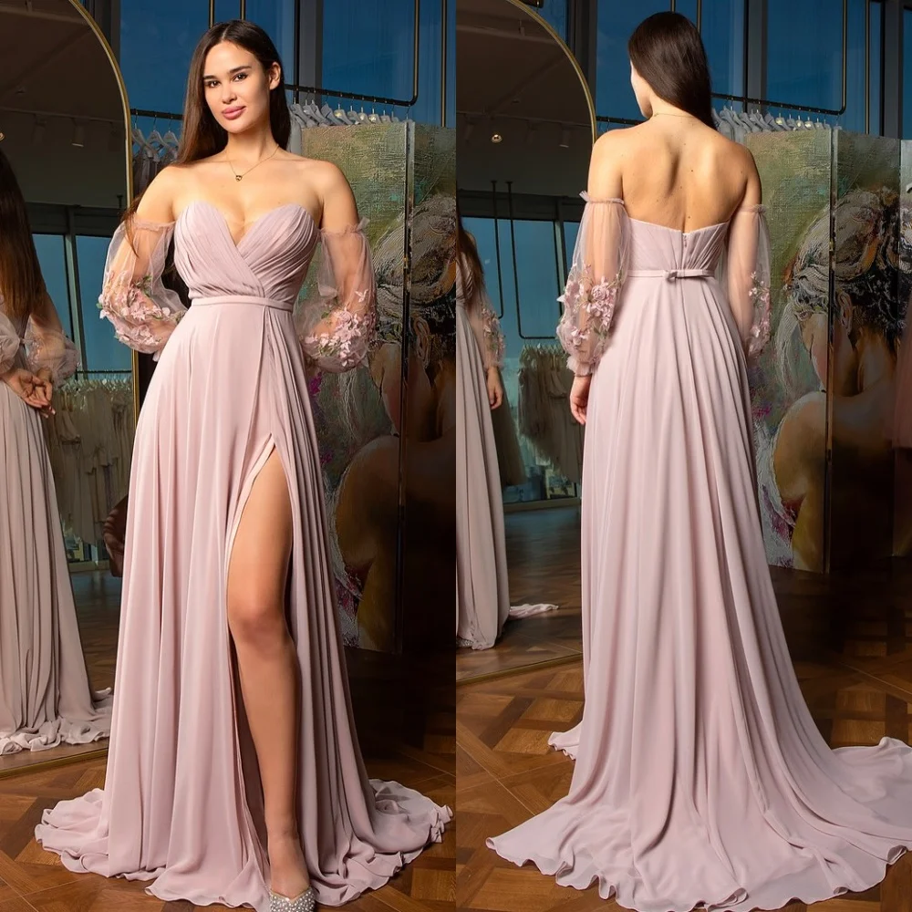 

Customized Exquisite Chiffon Pleat Draped Applique Sash A-line Off-the-shoulder Long Dresses Bespoke Occasion Dresses Classic