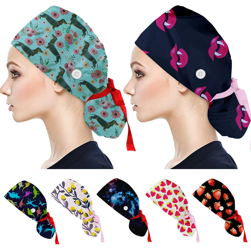 

Women Men Scrubs Cap Buttons Cotton Print Nurse Uniform Accessories Pet Shop Chef Lab Work Surgicals Hat bonnet hijab gorros