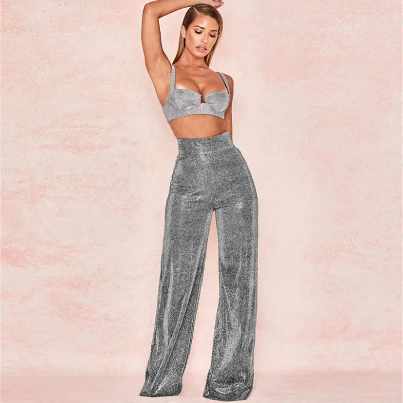 Sexy Women Silver Flash Diamond High Waist Slim Long Pants Gray Flare Wide Leg Trousers Female Elegant Fashion Casual Y2K Pants