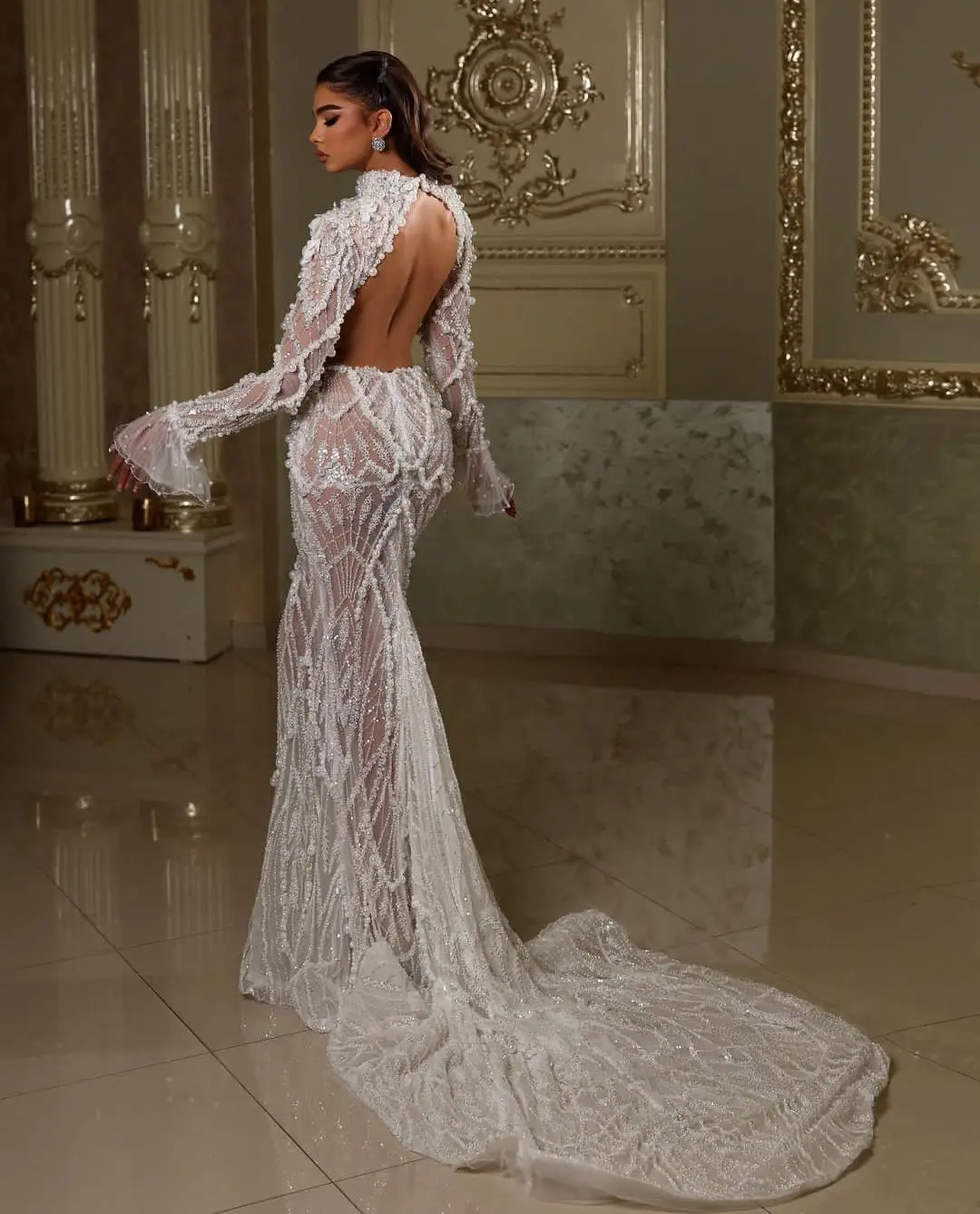 Luxury Evening Dresses Long Sleeve High Neck Sparkly Sequins Beaded Appliques 3D Lace Pearls Backless Prom Dresses Custom Made