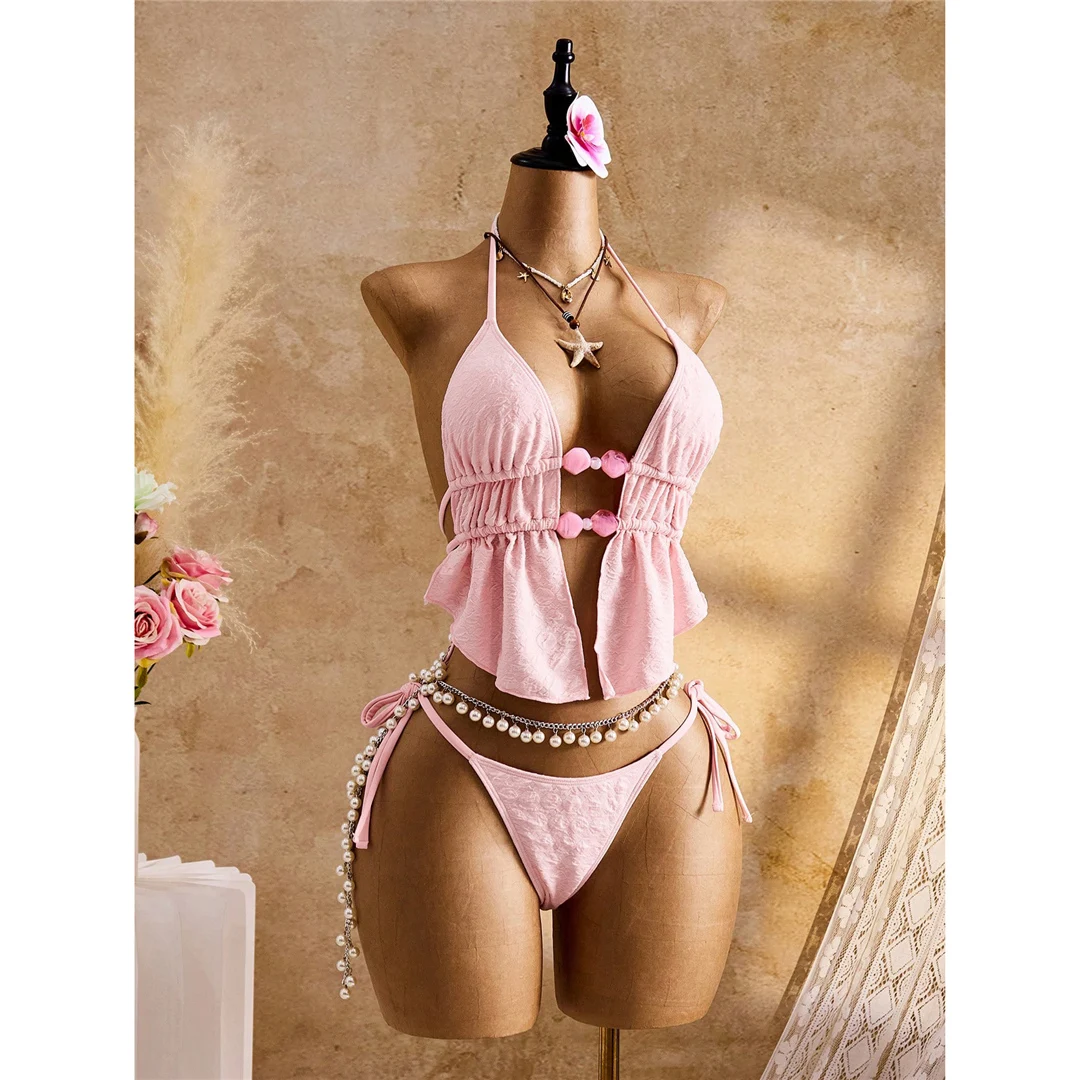 S - XL, geraffter Bikini, Tankini mit Trägern, Damen-Badeanzug, zweiteiliges Bikini-Set, gepolsterter Badeanzug, Badebekleidung, Modell V7819. – Detail 4