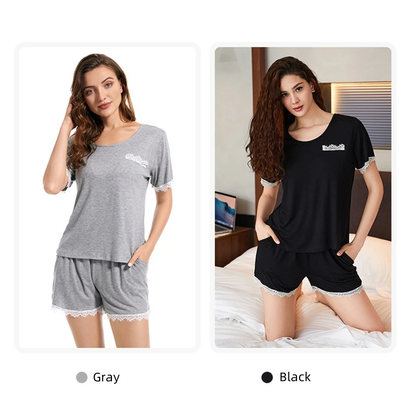 Women Pajama Suit Fashion Round Neck T-shirt Shorts Homewear set Sexy Lace Lingerie Short Sleeve Pyjamas Modal Cotton Sleepwear