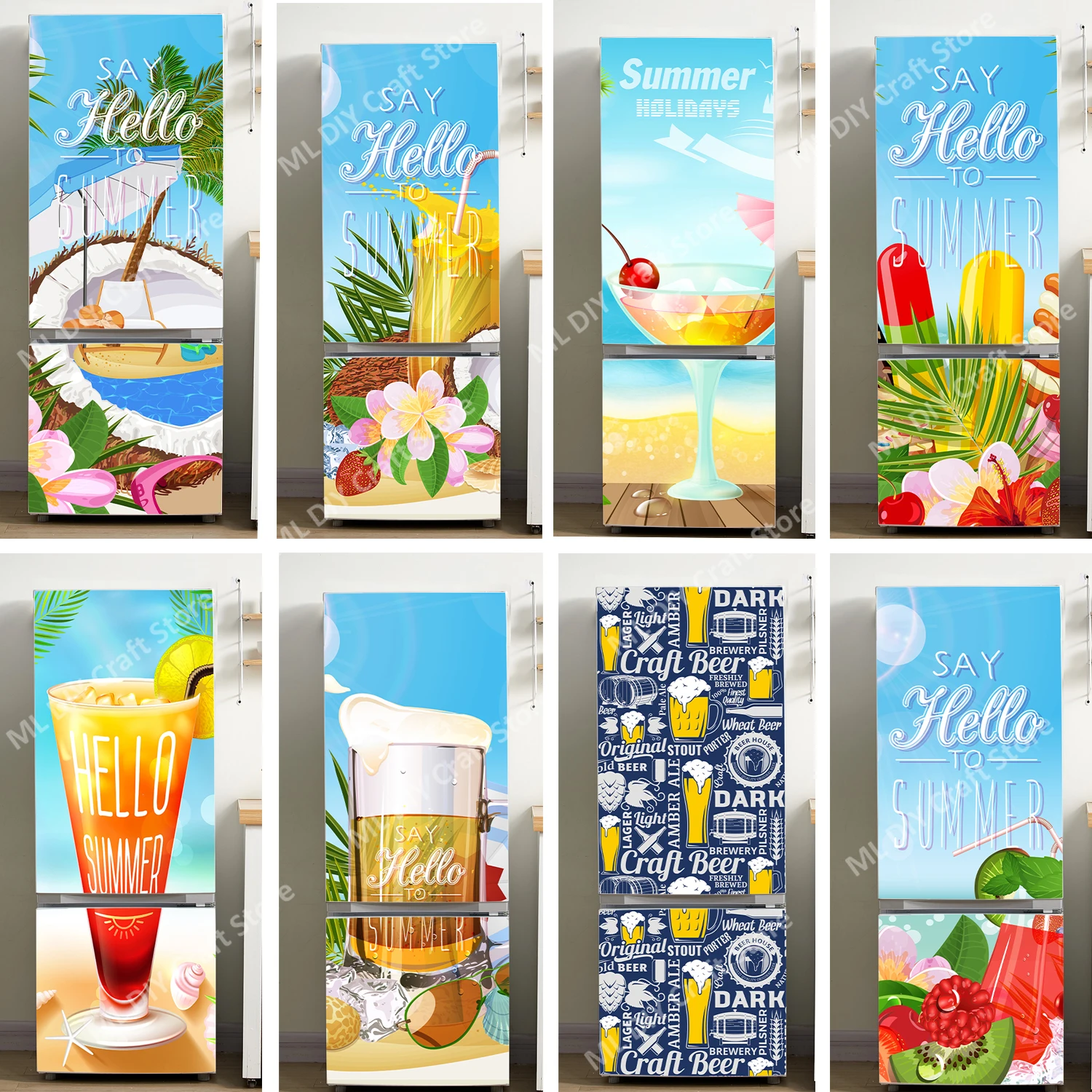 

Beer and Beverage Vinyl Refrigerator Stickers Full Door Cover Adhesive Refrigerator Wallpaper Coconut Summer Watermelon Stickers