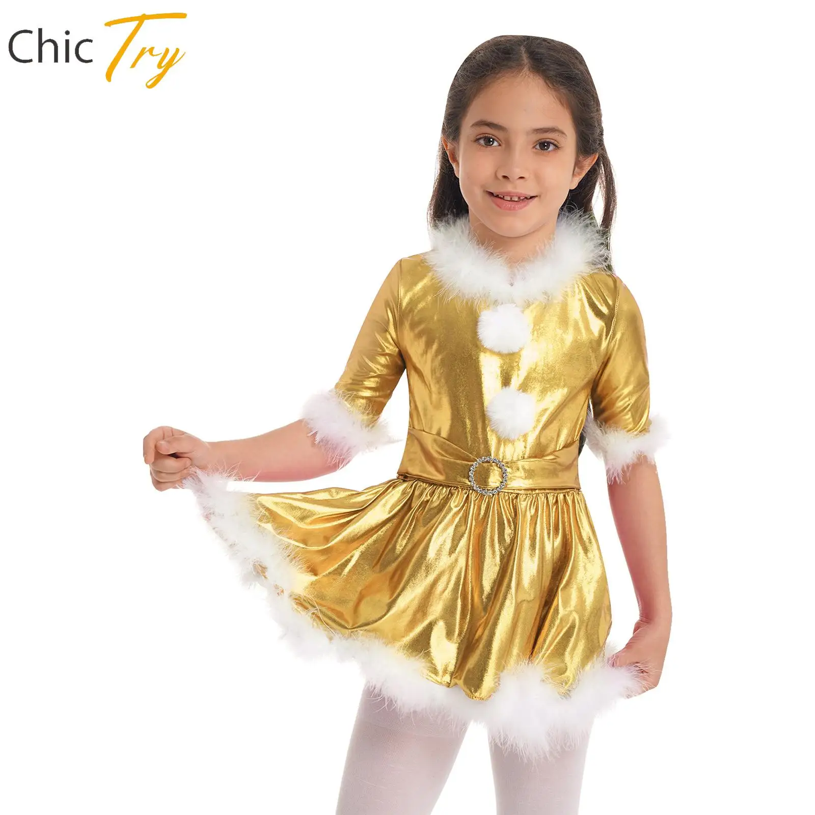 

Girls Christmas Santa Costume Shiny Metallic Princess Dress Figure Ice Skating Dresses Jazz Modern Dance Performance Outfits