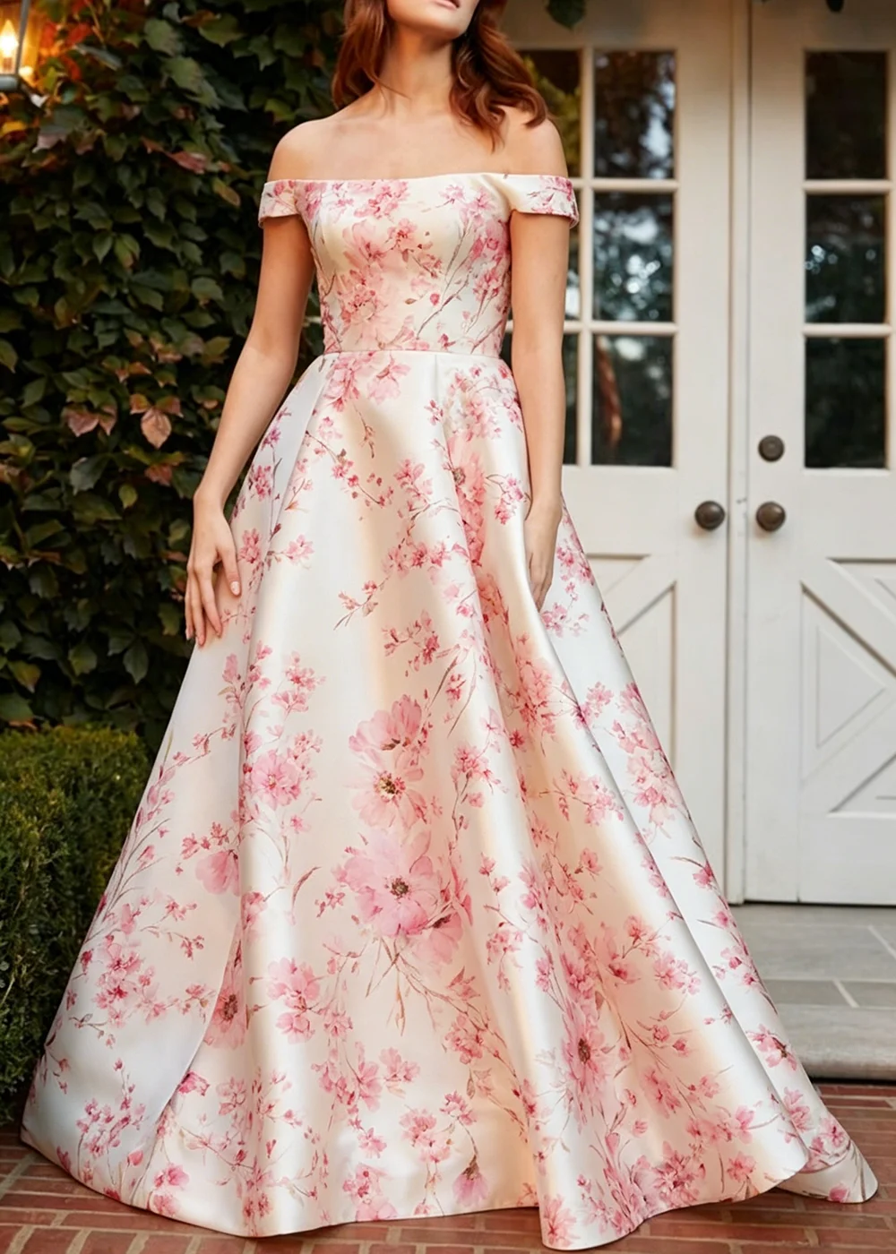 

Women's Off Shoulder Pink Cherry Blossom Print Satin Maxi Dress Slim High Waist A Line Skirt Wedding Guest Formal Evening Dress