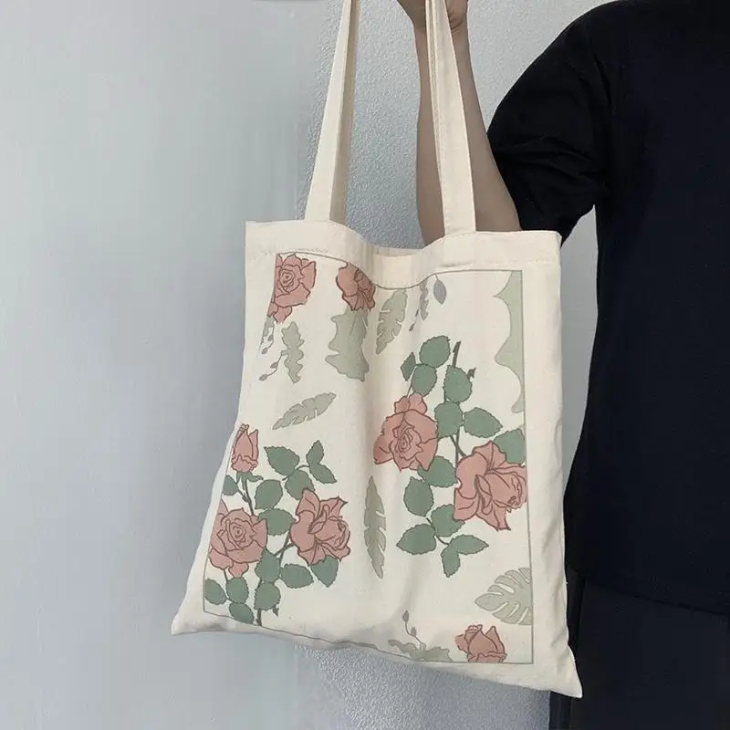 Large Capacity Rose Flowers Printed Tote Bag Women Handbag Shoulder Bag Students Handbags