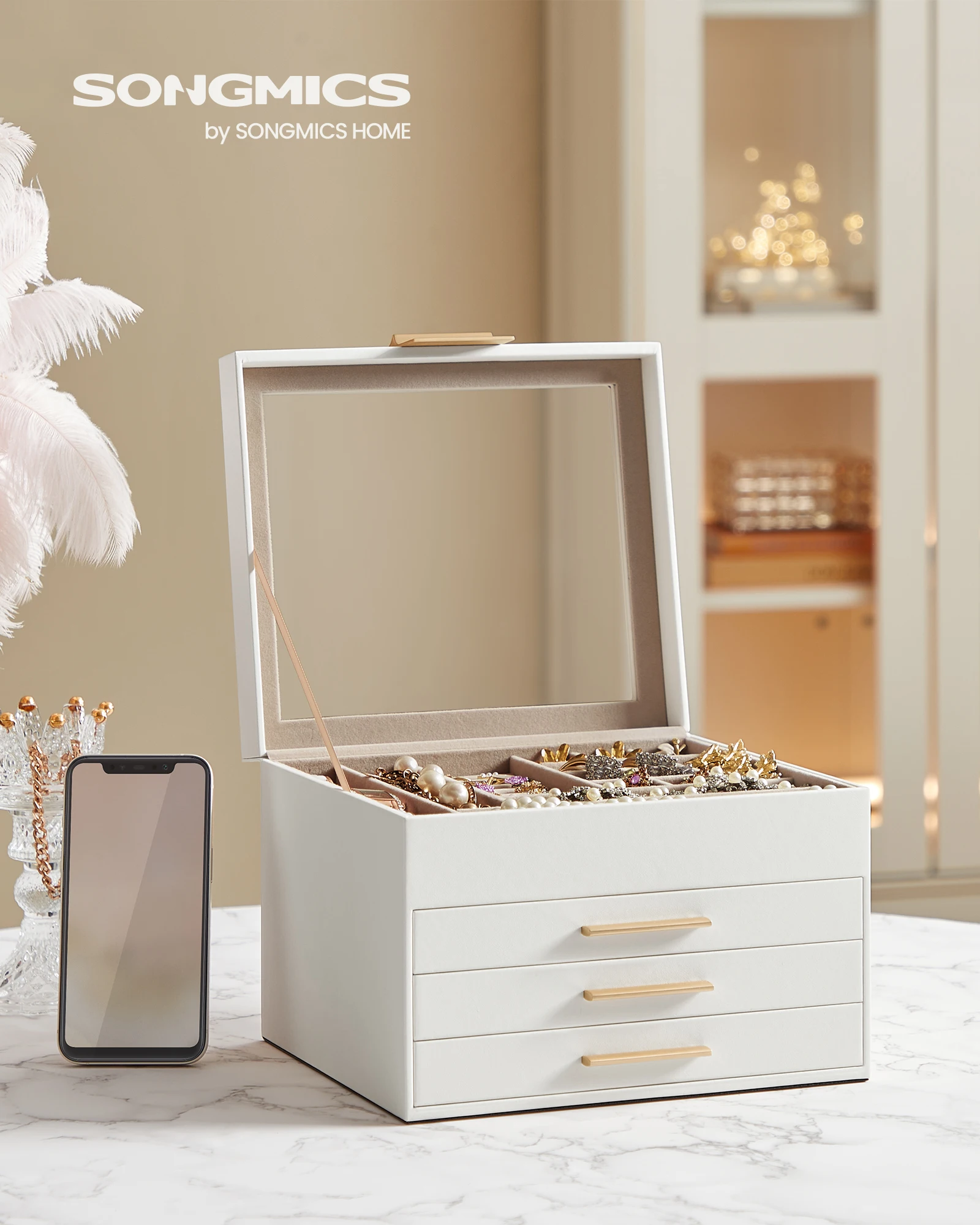 SONGMICS Jewelry Box with Glass Lid, 4-Layer Jewelry Organizer, 3 Drawers, for Big and Small Jewelry, Jewelry Storage