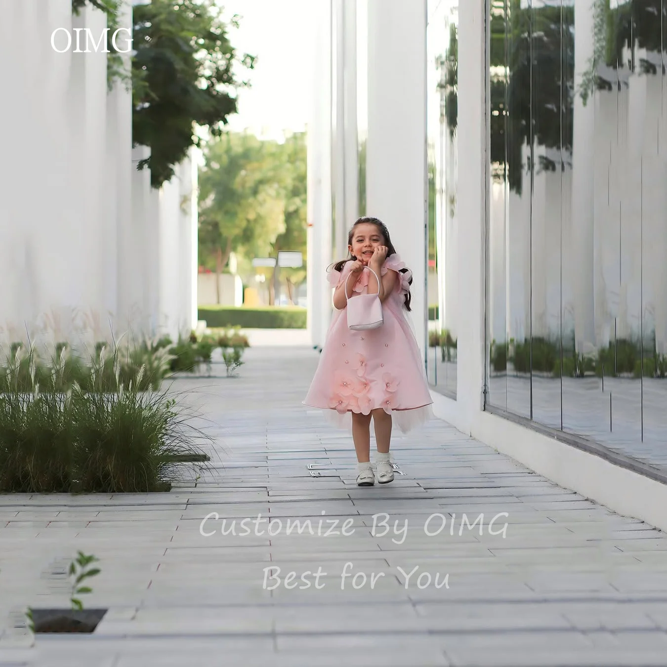 فساتين OIMG باللون الوردي مع الزهور/الخرز على شكل حرف A وأكمام قصيرة لحفلات الزفاف بطول الركبة فستان عيد الميلاد حسب الطلب #6