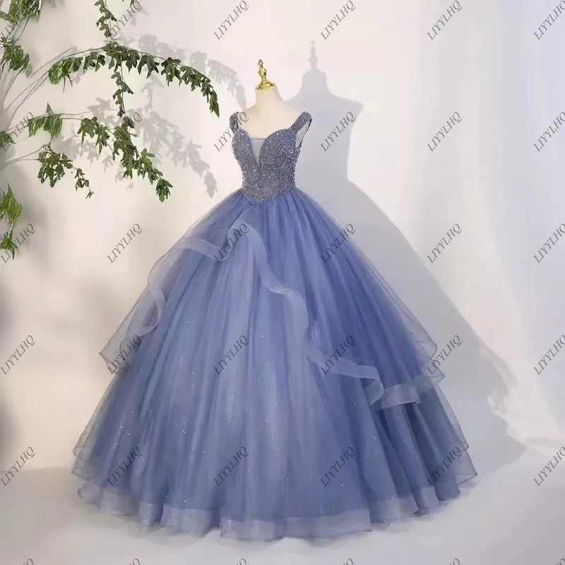 Пыльное синее бальное платье, платья для Quinceanera, тюлевые платья с бусинами и блестками, кружевные платья принцессы на день рождения, женское платье 15 лет