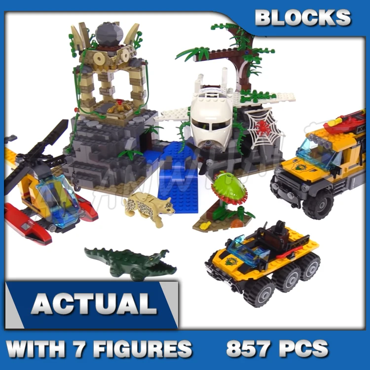 

917pcs City Jungle Exploration Site Plane Temple Heavy Observation Truck Kayak 10712 Building Block Toys Compatible With Model