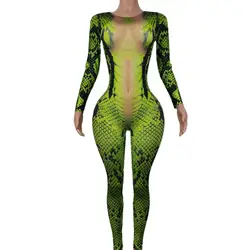Women Leggings Green Snakeskin Print Long Sleeves Bodycon Jumpsuits Showgirl Costumes Nightclub Ds Pole Dance Wear Qingshe
