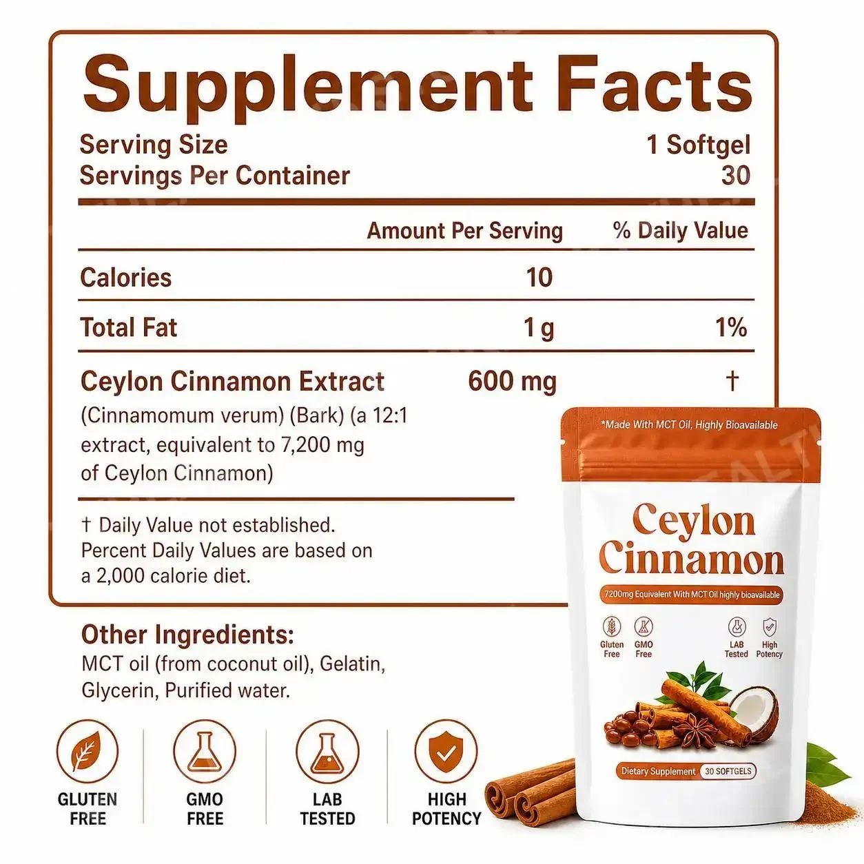 Ceylon Cinnamon Extract Softgels with MCT Oil, Antioxidant Support and Metabolism Support, Highly Bioavailable, 30 Softgels