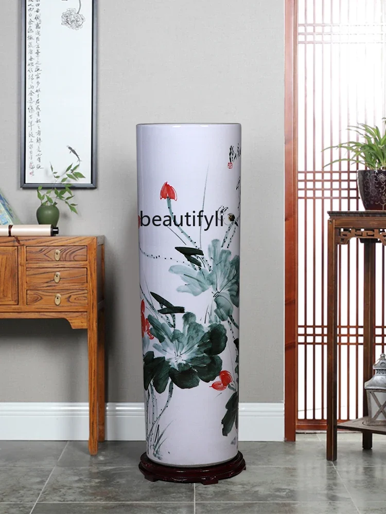 Hand-Painted Ceramic Floor Quiver Large Vase Home Living Room Painting and Calligraphy Cylinder Flower Arrangement Ornaments