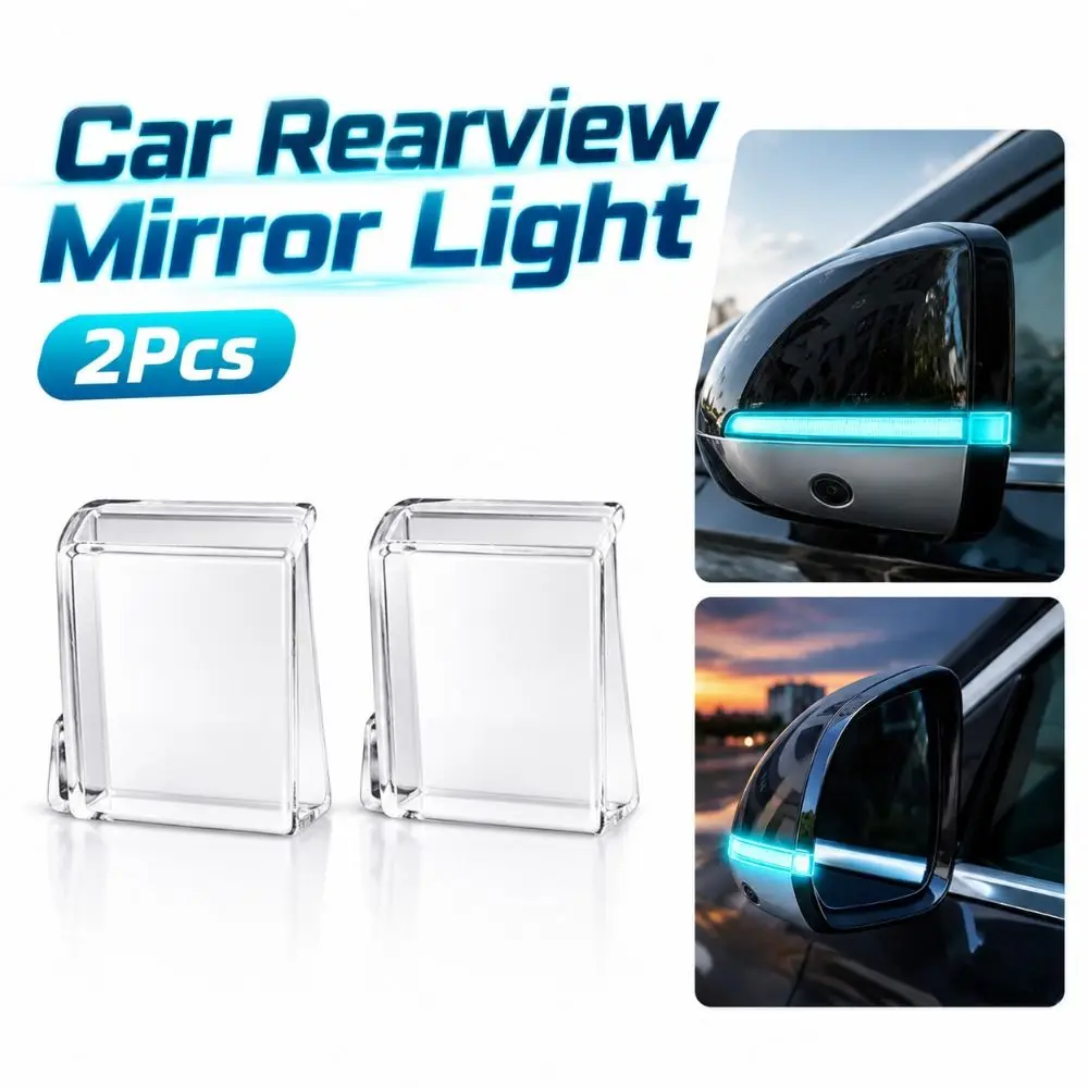 2PCS Universal Car Mirror Light Guide Block Transparent Self-adhesive Turn Signal Blinker Lamp Exterior Decoration Blue LED