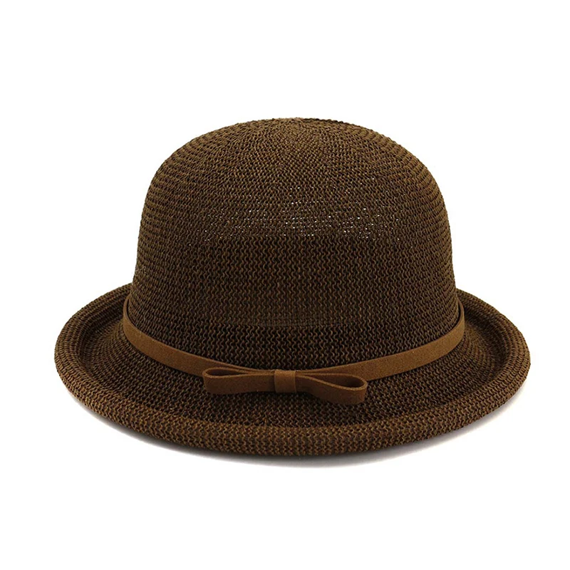 Elegant women's beach straw hat with belt embellishment - breathable openwork sun hat summer travel vacation bucket hat