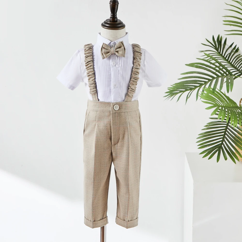 Kids Photography Formal Khaki Plaid Suit Set Boys Wedding Birthday Party Costume Kids Blazer Pants have straps Bowtie Clothes