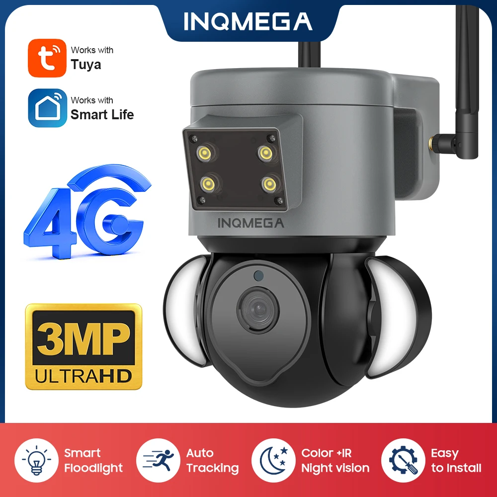 

INQMEGA Floodlight PTZ IP Camera Tuya 3MP 4G Sim Surveillance Cameras Outdoor IR LED Night Vision Speed Dome Security Protection