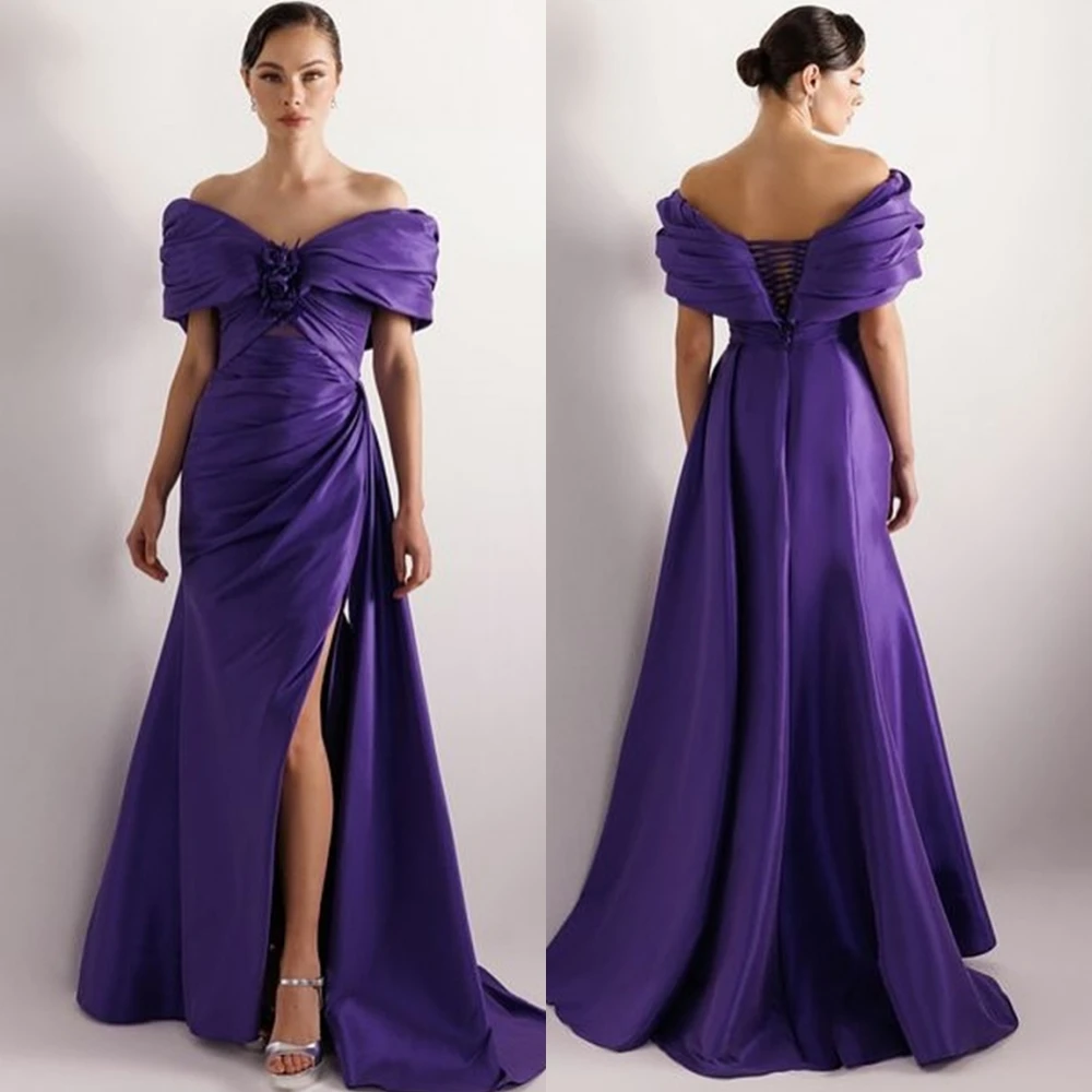 

Customized Sexy Satin V-Neck Evening Dress Simple Off the Shoulder Prom Dresses Exquisite Flowers Special Occasion Gowns