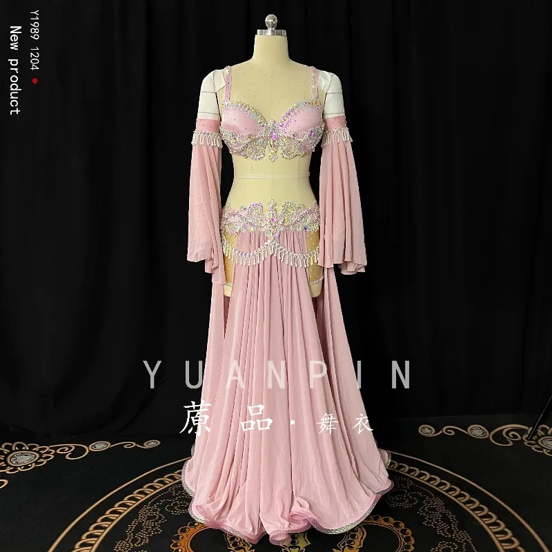 Customized Belly Dancewear Rhinestone Accessories Group Stage Suit Performance Costume Belly Dancing Bra Tassel Split Skirt Set