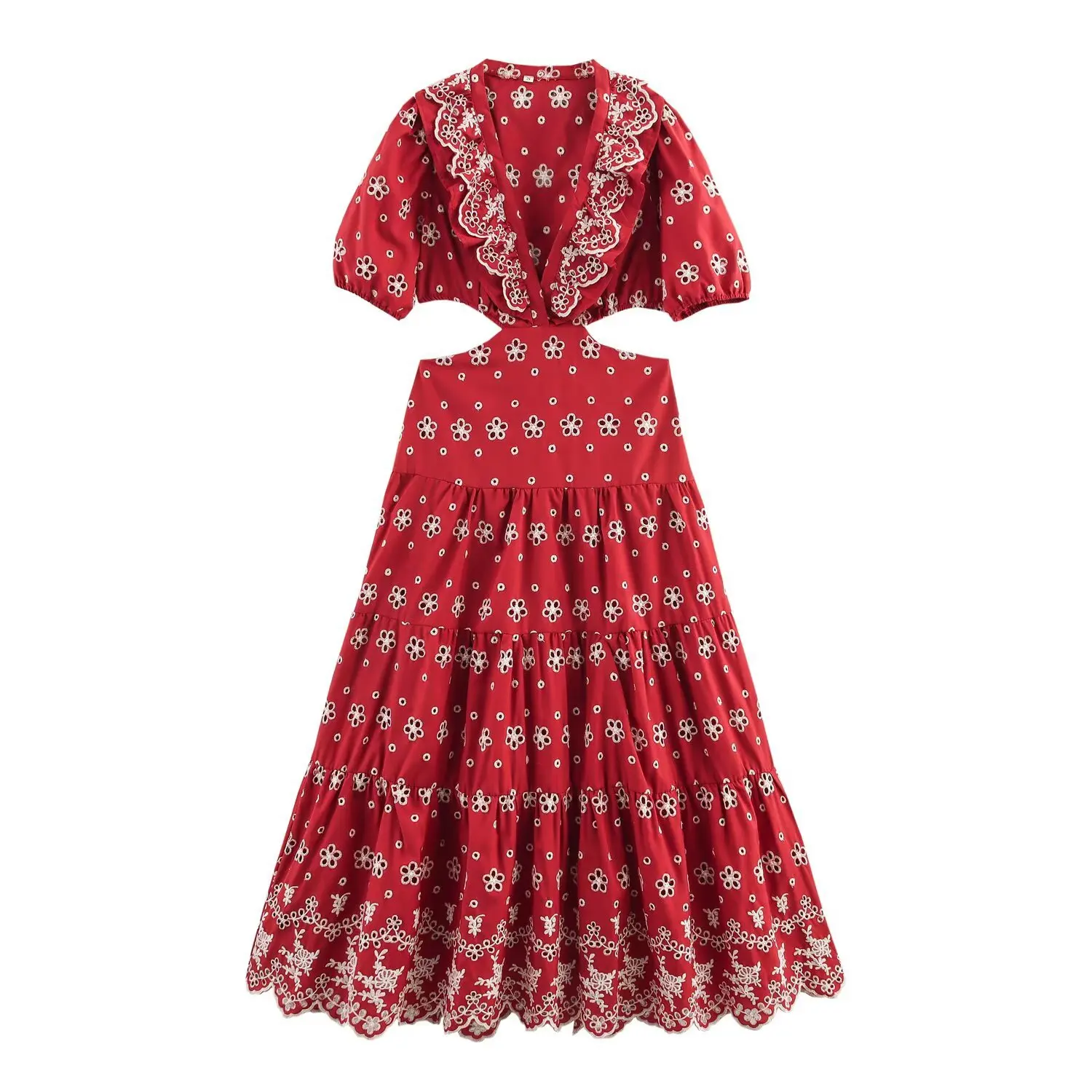 

2025 Casual Beach Vacation Long Dress Summer Women Dress Red Retro Floral Embroidery Ruffle V-neck Waist-revealing Sexy Dresses