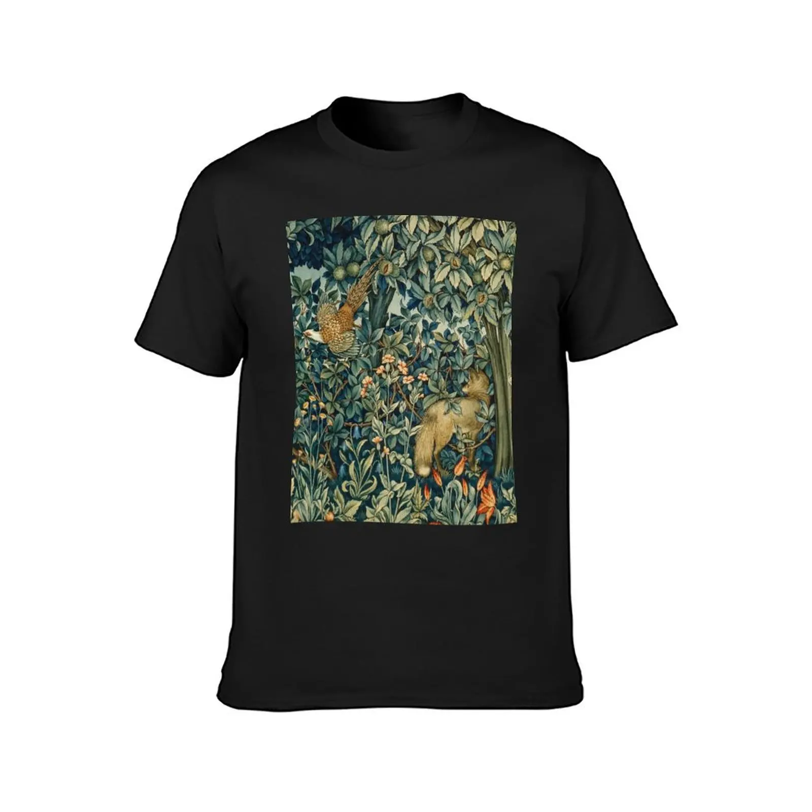 GREENERY, FOREST ANIMALS Pheasant and Fox Blue Green Floral Tapestry T-Shirt boys whites big and tall t shirts for men