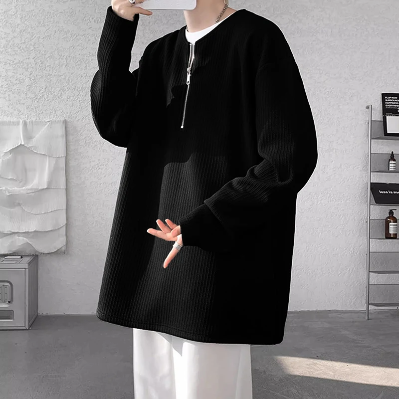 INCERUN الرجال تي شيرت بلون س الرقبة سحاب أكمام طويلة محبوك الذكور المحملة القمم الشارع الشهير موضة ملابس الرجال غير رسمية S-5XL