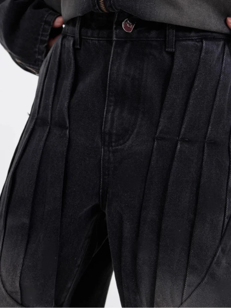 2026 Punk Y2K Stil Vintage Blaue Plissierte Baggy Jeans für Herren – Luxuriöse Straight-Leg Denim-Hose Pantalon Homme – Detail 13