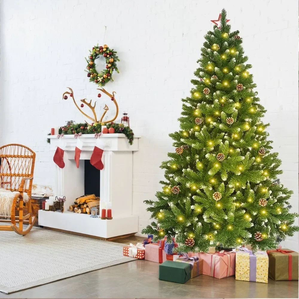 Árbol de Navidad flocado en nieve de 4/5/6/7 pies, cono de pino tupido, Navidad con luces y soporte