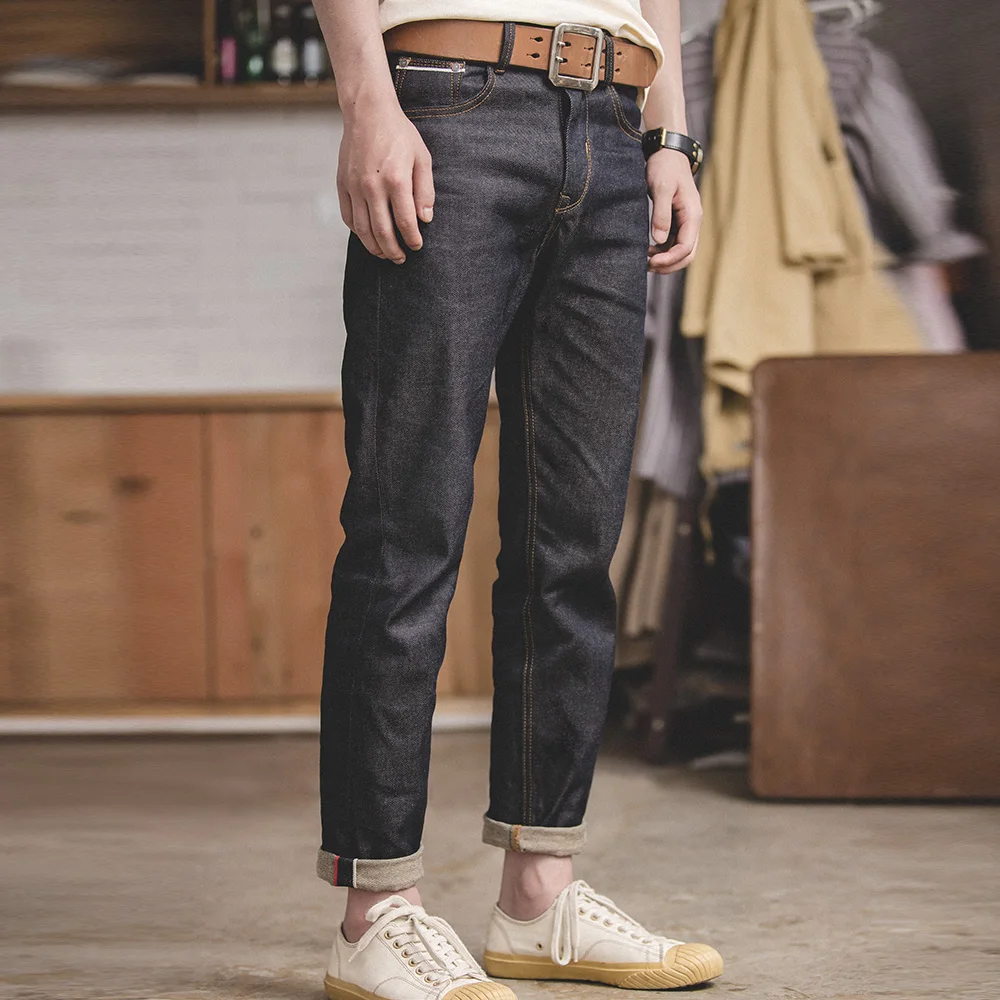 Maden celana jins Denim pria, celana jins Denim mentah reguler, celana katun untuk pria dengan ritsleting Fly kualitas tinggi, celana serbaguna Retro 13.8oz