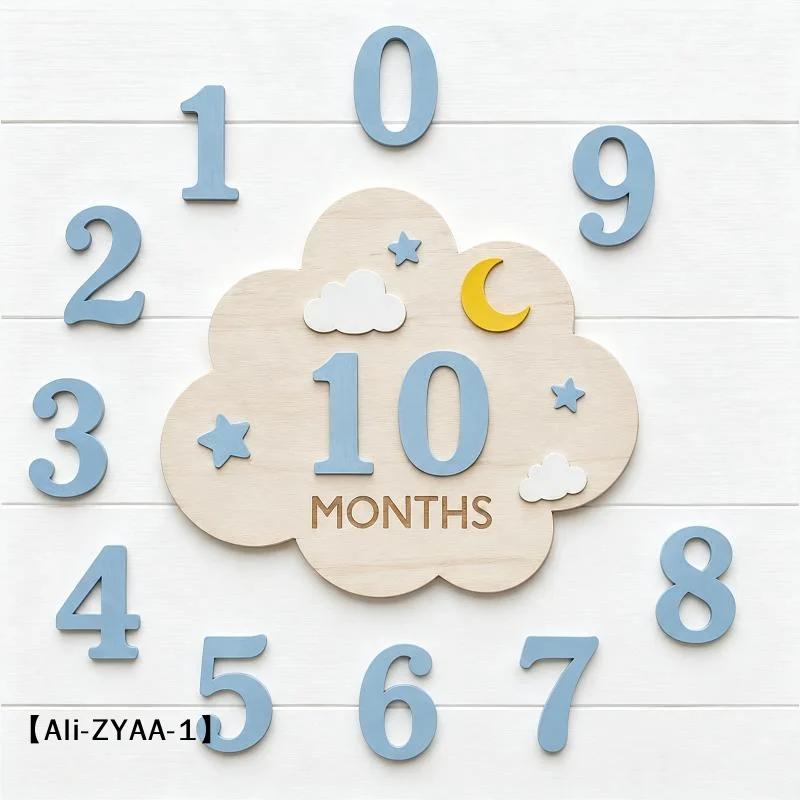 【A】Natural Wooden Baby Monthly Milestone Marker Set Cloud Shape Number Pieces For Newborn Photos Growth Record