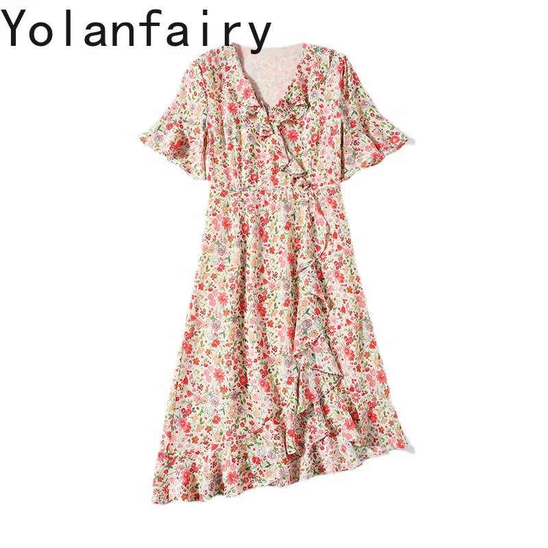 

YOLANFAIRY 12mm Real 100% Mulberry Silk Dress for Woman 2025 Slim Elegant Floral Dress Ruffled Vacation Dresses Hot Sale 여름원피스