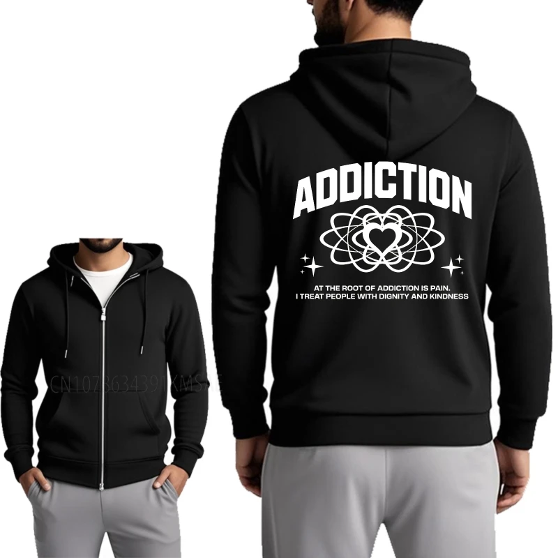 Recién llegado, Sudadera con capucha de otoño para mujer, adicción, dolor de raíz, dignidad, bondad, talla grande, cremallera con cremallera para hombre, comodidad de otoño