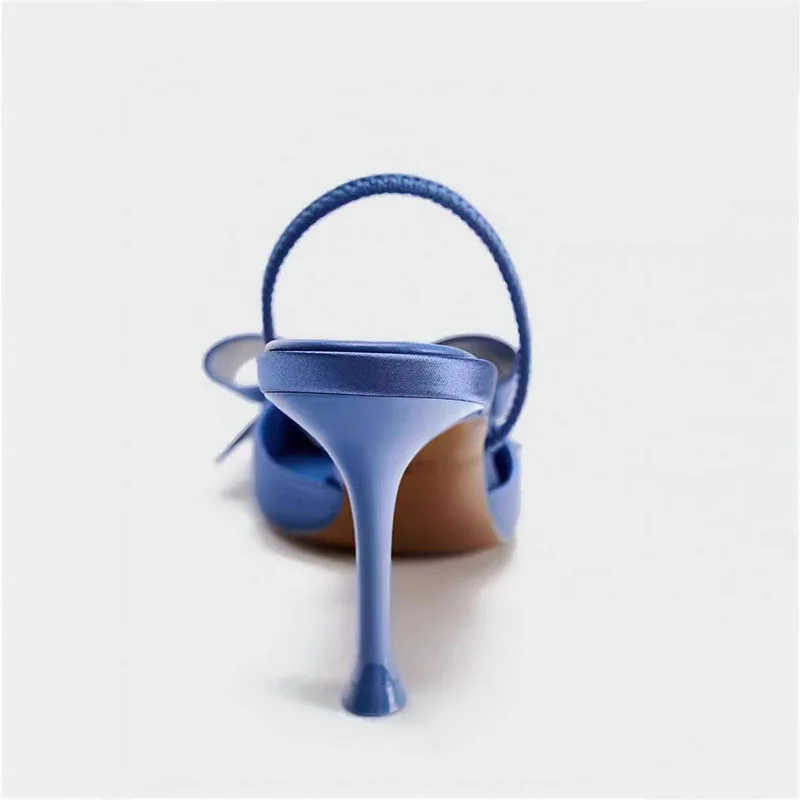 TRAF French Retro Blue Bow High Heels New  Point Head Stilettos Slingbacks For Woman Women Elegant Satin Fabric Sandals Shoes