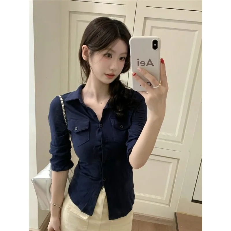 

Early Autumn New Women's Clothing Pure Desire Lapel Collar Long-sleeved Shirt Waist Thin Niche Design Pocket Button Top