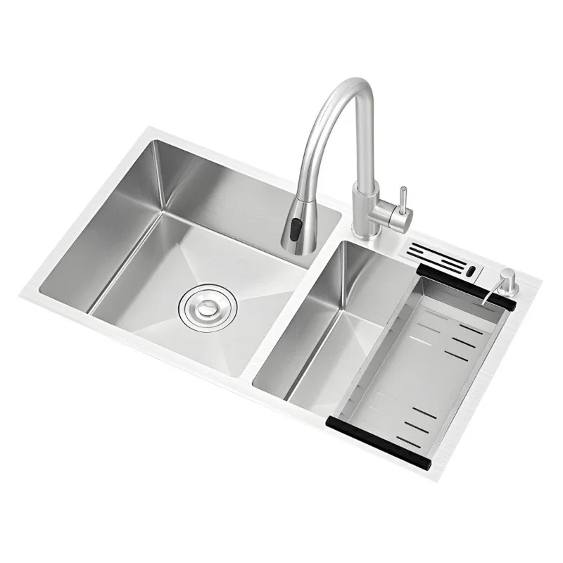 Kitchen Sink Stainless Steel Handmade Double Slot Counter Basin with Knife Holder Faucet Hole