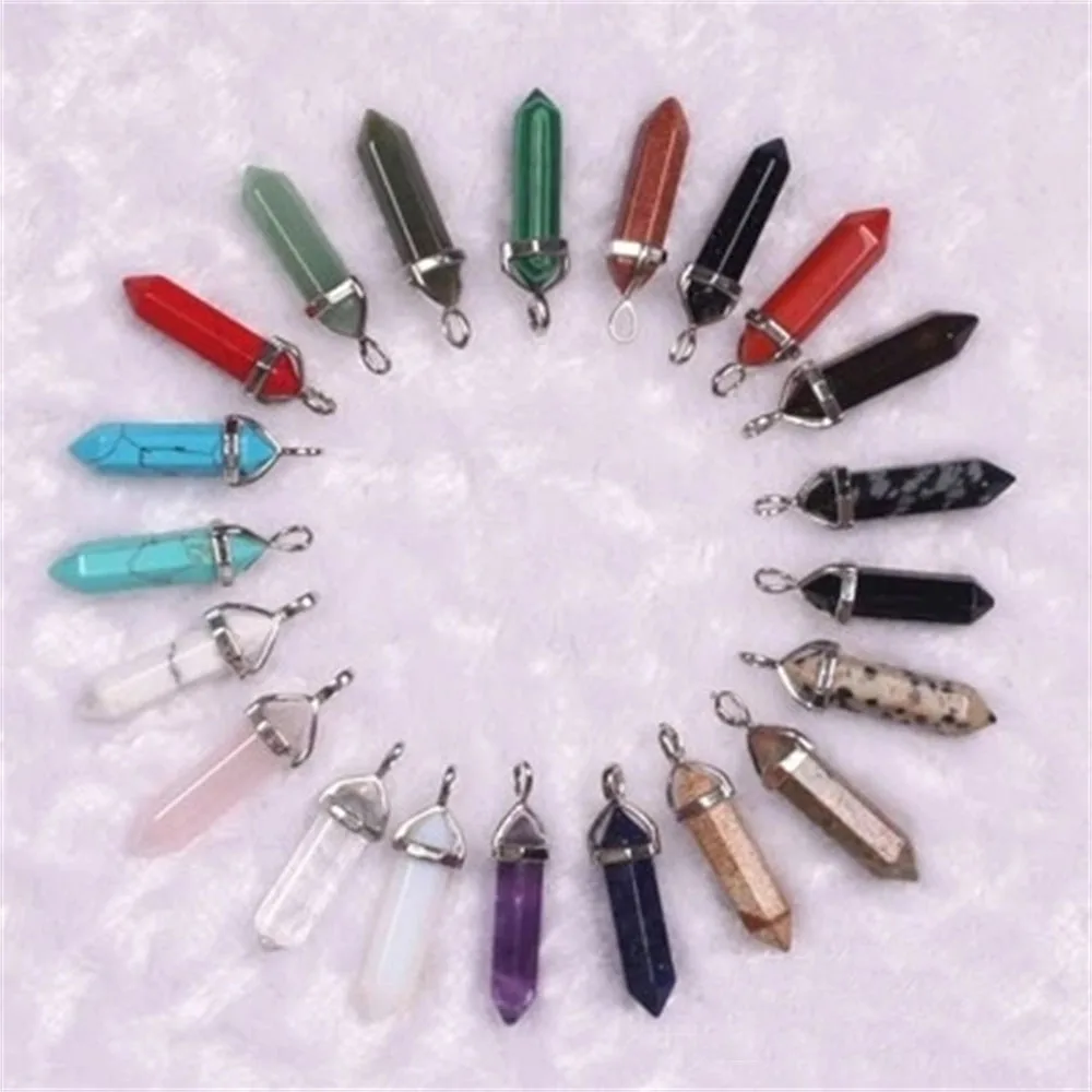 30Pcs/Lot Natural Crystal Stone Hexagonal Pillar Bullet Style Quartz Necklace Pendants For Men Women Mix Style