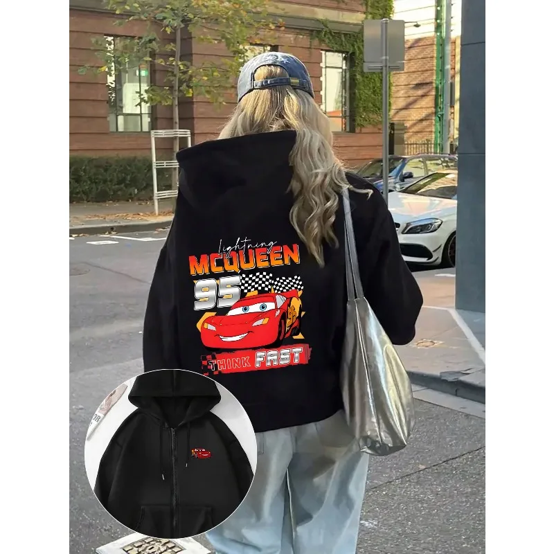 تصميم Disney Cars Lightning McQueen - سويت شيرت نسائي كاجوال مريح بجيب الكنغر وأكمام طويلة