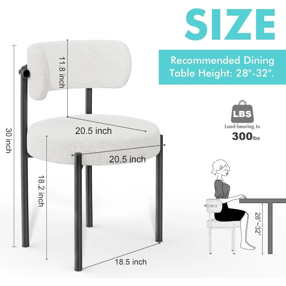 Boucle Dining Chairs Set of 4, White Mid Century Morden Chair with Curved Backrest, Round Upholstered Sherpa with Metal Legs, Su