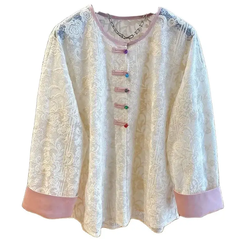 

Spring Autumn New Chinese Style Coil Buckle Lace Shirt Women New Fashion Loose Casual Tops White Round Collar Blouse Female