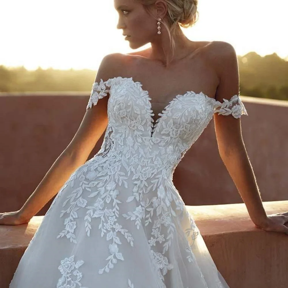 Exquisito vestido de novia de línea A, escote en forma de corazón con hombros descubiertos, apliques, vestidos de novia de tul sin espalda, nuevos vestidos de novia