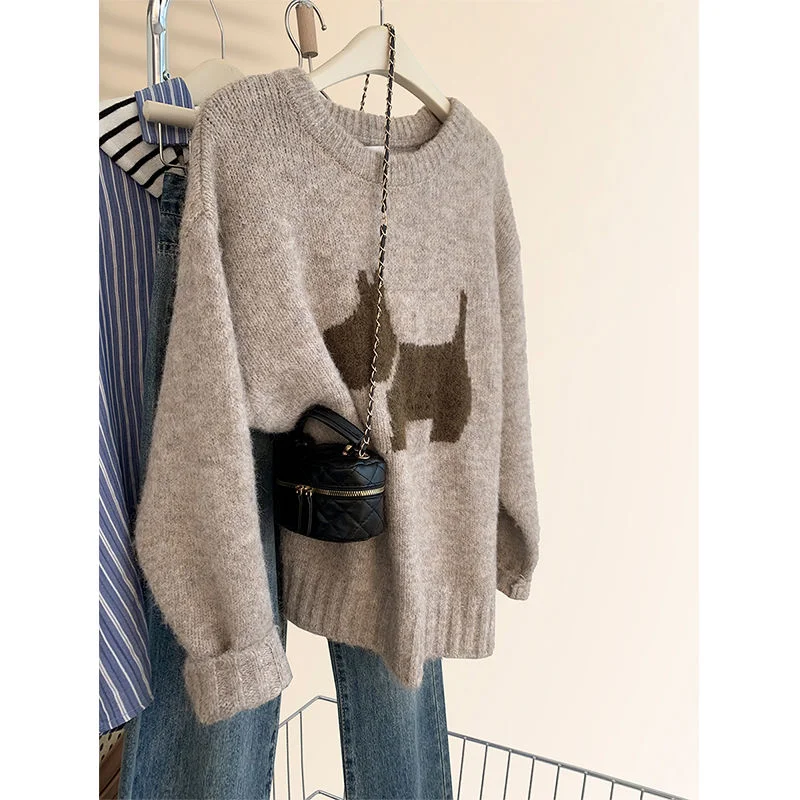 

2025 New Round Neck Long-sleeved Pullover Sweater for Women in Autumn and Winter Versatile Thick Loose Knitted Sweater Top