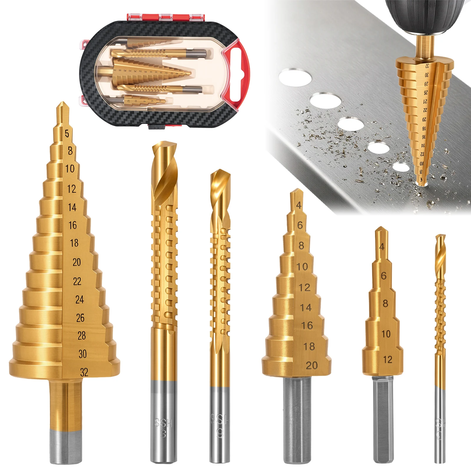 6Pcs Titanium Plate Pagoda Drill 4-32/20/12mm Straight Groove Step Drill Bit Wood Plastic Aluminum Hole Expand Tool Accessory