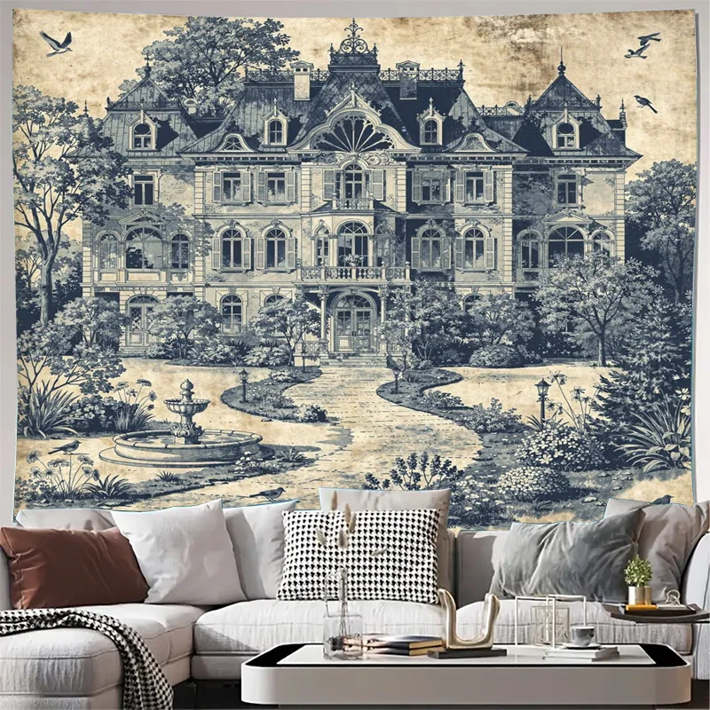 Elegant Vintage Mansion Tapestry Blue Wall Hanging Art European Estate Decor Large Gothic House Print Aesthetic Home Decor