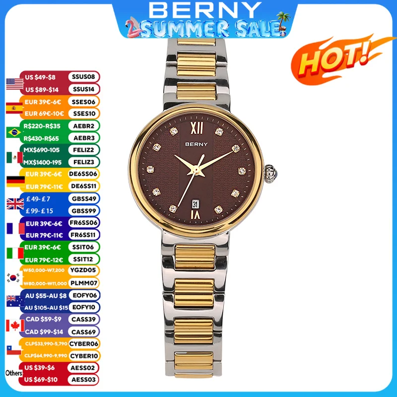

BERNY Japan Quartz Movement Ladies Sapphire Glass Calendar Feminino Reloj Fashion Diamond Wristwatch Waterpoof Watch for Women