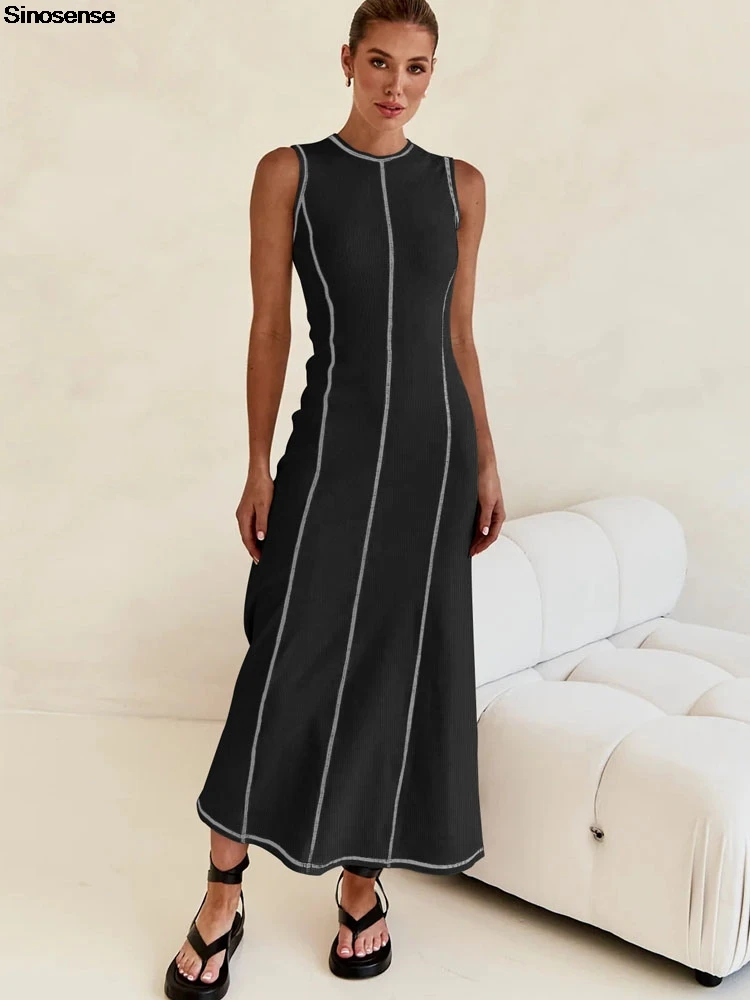 

Women's Summer Striped Knit Bodycon Maxi Dress A Line French Style Crew Neck Sleeveless Tank Ribbed Sweater Dress Y2K Club Dress