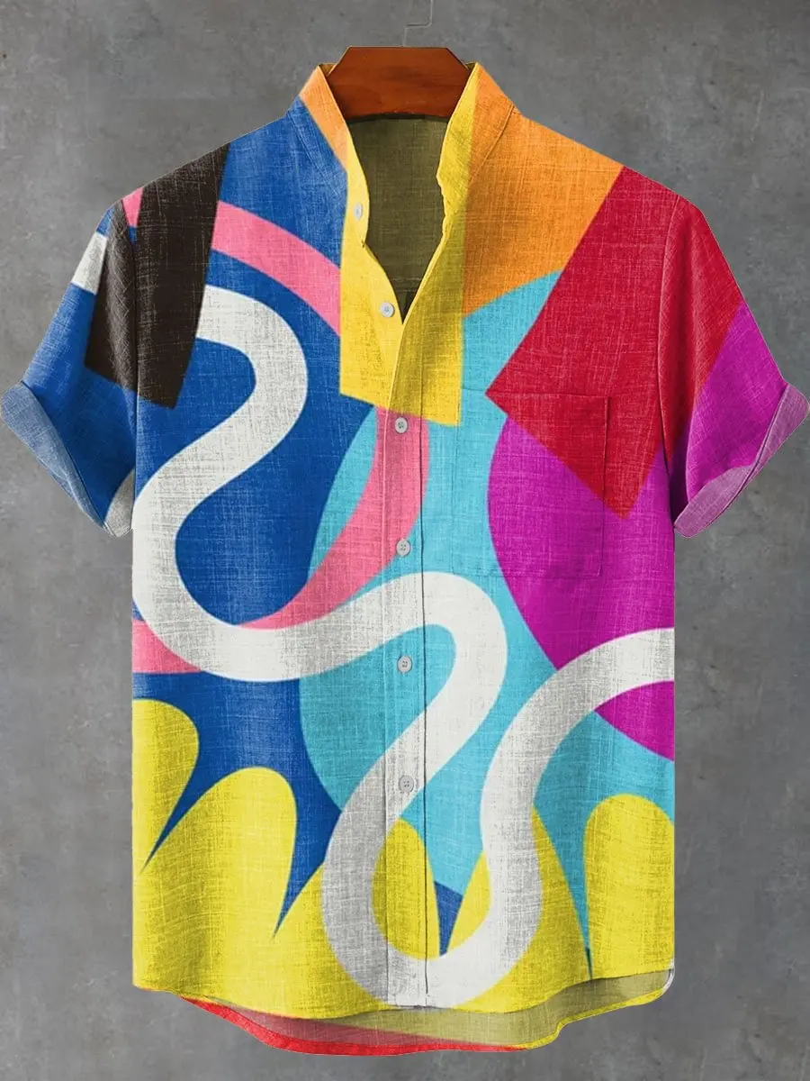 Chemise à manches courtes en lin pour hommes, décontractée, mode graffiti, style hip-hop, haut à boutons de haute qualité, été