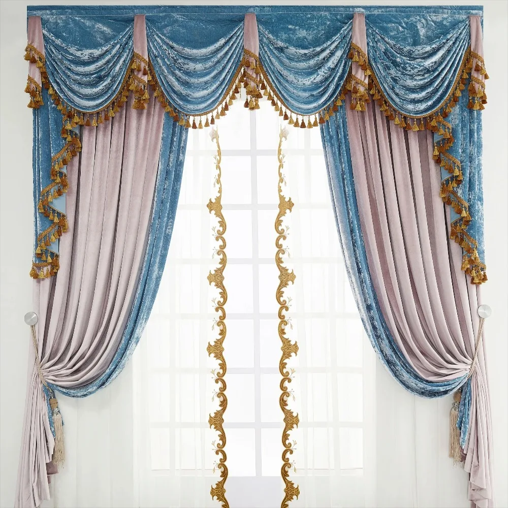 Blue Gray Velvet Draping Curtains for French Bedroom Luxury European Style Velvet Fabric for Mansion or Villa Living Room Custom