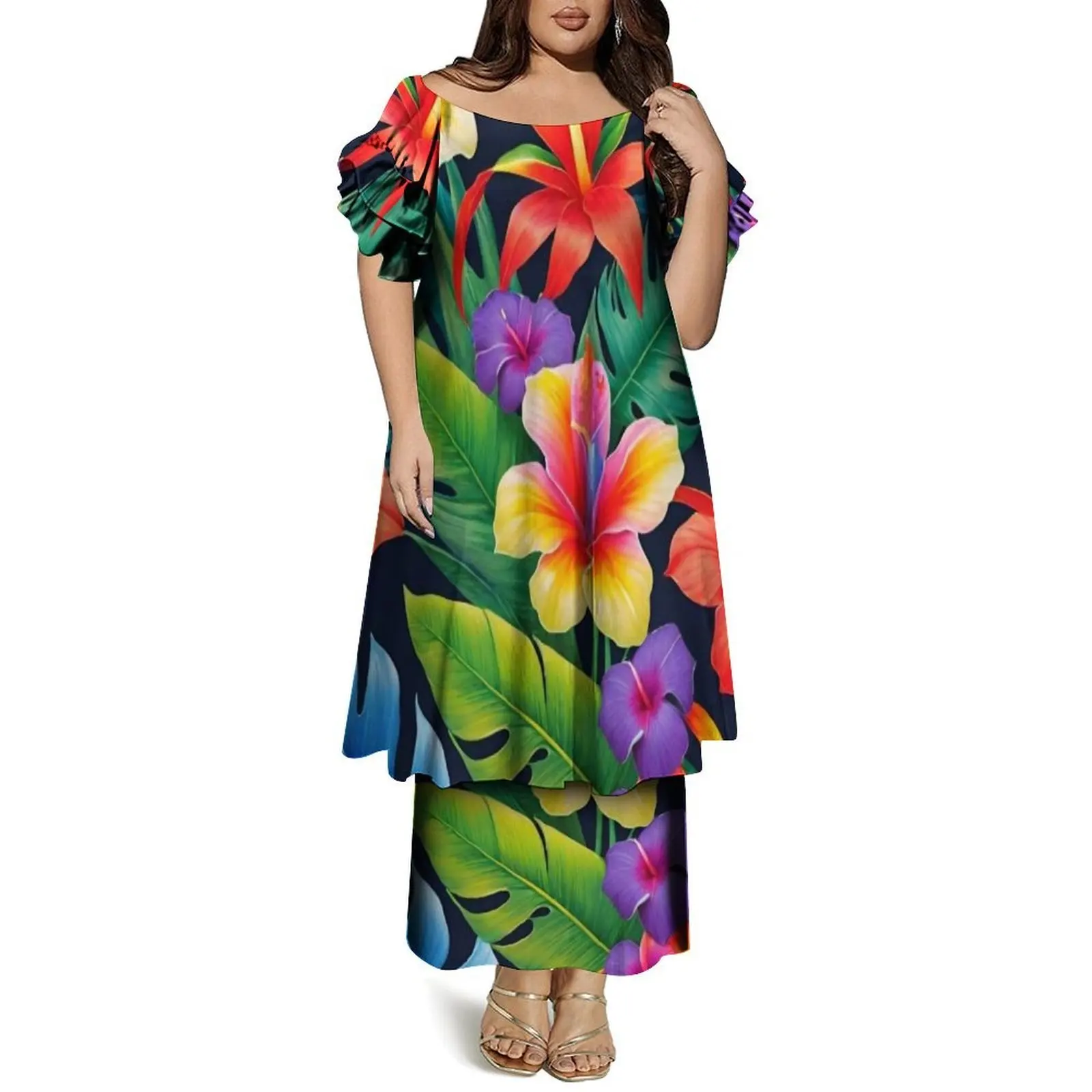 Manga borboleta em torno do pescoço manga dupla camada puletasi padrão floral personalizado solto vestido casual para mulher